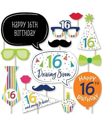 16th Birthday - Cheerful Happy Birthday - Birthday Photo Booth Props Kit - 20 Ct