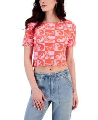 Juniors' Checkered Lettuce-Edge Cropped Top