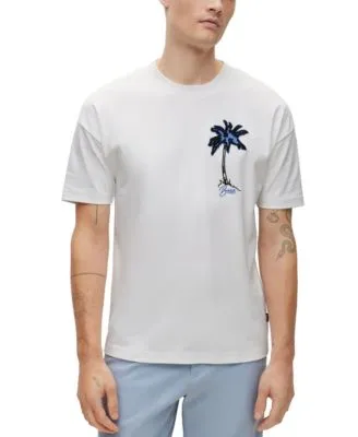 HUGO - Cotton-jersey T-shirt with branded palm-tree artwork