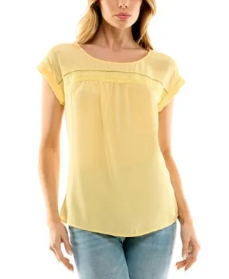 Juniors' Round-Neck Crochet-Inset Short-Sleeve Top