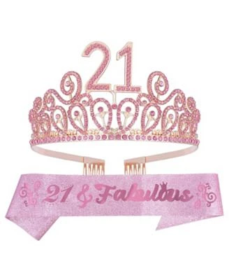 21st Birthday Sash and Tiara for Women - Fabulous Set: Glitter Sash + Ripples Rhinestone Pink Premium Metal Tiara for Women, 21st Birthday Gifts for 21st Birthday Party