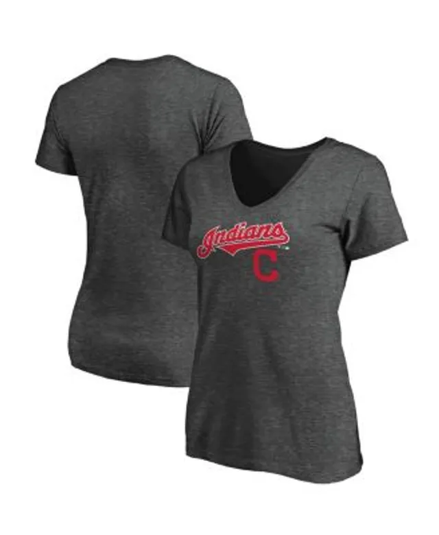 Women's Fanatics Branded Heathered Navy/White Cleveland Indians Official  Wordmark 3/4 Sleeve V-Neck Tri-Blend T-Shirt