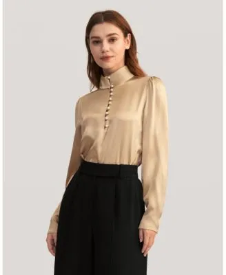 Pearl Button Mandarin Collar Stretch Silk Blouse for Women