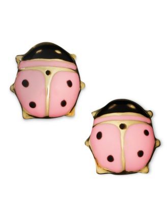 Children's 14k Gold Earrings, Pink Ladybug Studs