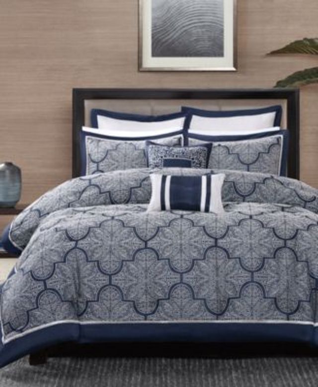 Madison Park - Camillia 8 Piece Cotton Comforter Set - Queen - Navy