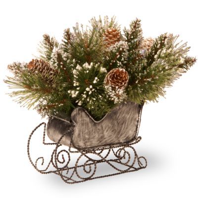 10" Glittery Bristle Pine Sleigh with 6 White Tipped Cones