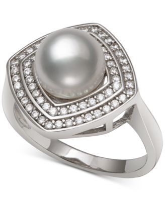 Cultured Freshwater Pearl (8mm) & Cubic Zirconia Statement Ring in Sterling Silver