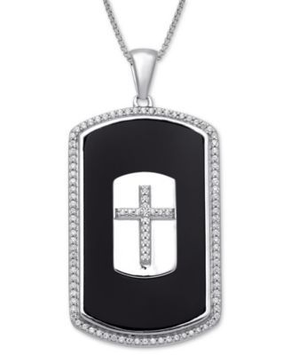 Men's Onyx & Diamond (1/3 ct. t.w.) Cross 22" Pendant Necklace in Sterling Silver