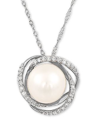 Cultured Freshwater Pearl (8mm) & Diamond (1/8 ct. t.w.) 18" Pendant Necklace 14k Yellow Gold or White