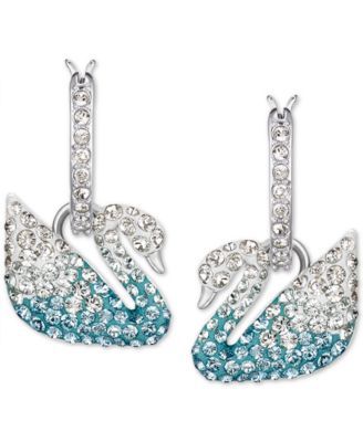 Silver-Tone Crystal Swan Dangle Hoop Earrings