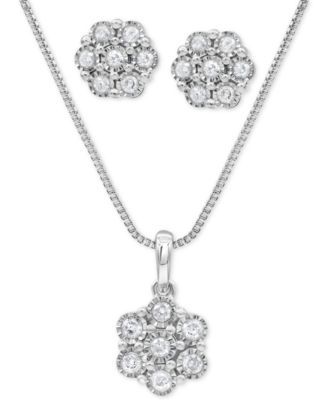 2-Pc. Set Diamond Cluster Pendant Necklace & Matching Stud Earrings (1/2 ct. t.w.) in Sterling Silver