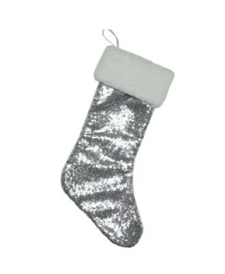 18" Silver Sequined Christmas Stocking with Sherpa Cuff
