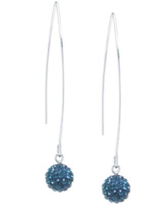 Pave Crystal Ball on a Thread Wire Earrings Set Sterling Silver. Available Clear, Dark Blue or Red
