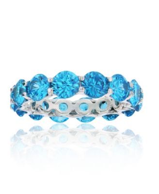 Blue Cubic Zirconia Eternity Band Rhodium Plated Sterling Silver