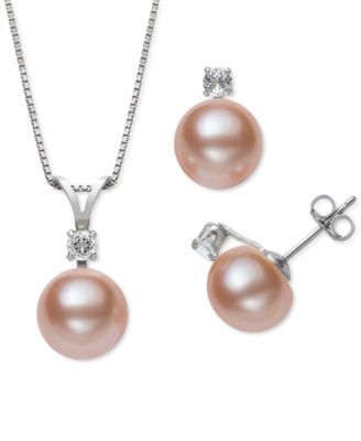 2-Pc. Set White Cultured Freshwater Pearl (9-10mm) & Topaz Accent Pendant Necklace Matching Stud Earrings Sterling Silver (Also Pink and Dyed Black Pearl)