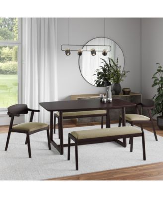 Millie 5 Piece Mid Century Modern Rectangular Espresso Wood Dining Table with Armless Benches and Arm Chairs