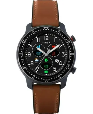 Men's Metropolitan R Brown Leather Silicone Strap Amoled Touchscreen Smart Watch with GPS Heart Rate 42mm