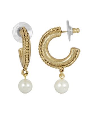 Women's 14K Gold Dipped Imitation Pearl Drop Hoop Earrings 