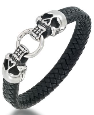 Men's Woven Black and Blue Ion-Plated Stainless Steel Leather Bracelet