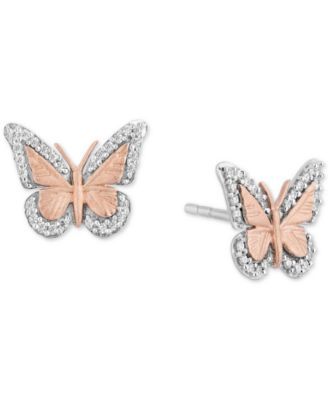 Diamond Butterfly Stud Earrings (1/7 ct. t.w.) in Sterling Silver & 14k Rose Gold 