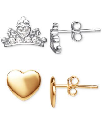 2-Pc. Set Cubic Zirconia Tiara & Heart Stud Earrings in Sterling Silver & 18k Gold-Plated Sterling Silver
