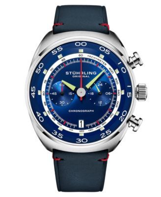 Men's Chrono Blue Genuine Leather Strap Watch with Tachymeter 44mm