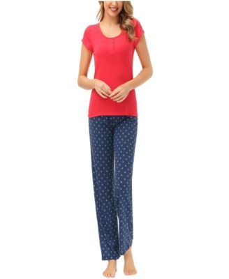 Women's Short Sleeve Henley Tee with Printed Lounge Pajama Pant Set