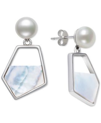 Cultured Freshwater Pearl (7mm) & Mother-of-Pearl Drop Earrings in Sterling Silver