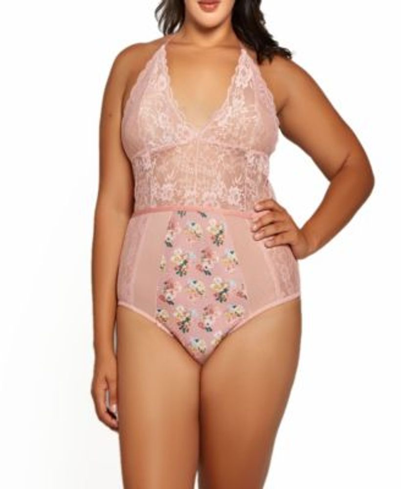 ICollection Plus Galloon Lace Floral Satin Lingerie Bodysuit | Town Center