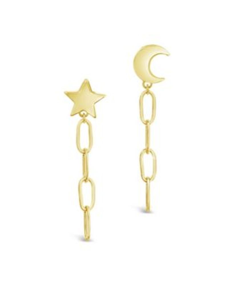 Women's Moon and Star Dangle Chain Link Stud Earrings
