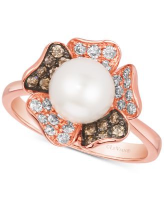 Vanilla Pearl™ (8mm) & Diamond (1/2 ct. t.w.) Flower Ring in 14k Rose Gold