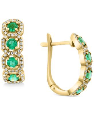 EFFY® Emerald (7/8 ct. t.w.) & Diamond (1/4 ct. t.w.) Halo Hoop Earrings in 14k Gold