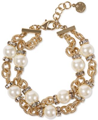 Gold-Tone Pavé Rondelle Bead & Imitation Pearl Double-Row Link Bracelet, Created for Macy's