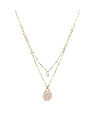 14Kt Gold Flash Plated Cubic Zirconia Pink Enamel Heart Layered Pendant Necklace