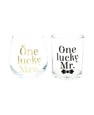 One Lucky Mr Rocks Glass and One Lucky Mrs Stemless Wine Glass Set, 2 Pieces