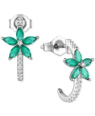 Sapphire (1-1/10ct. t.w.) & Diamond (1/8 ct. Flower Half Hoop Earrings Sterling Silver (Also Emerald Ruby)