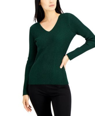 Women's Shine Ribbed V-Neck Sweater, Created for Macy's