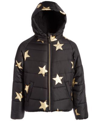 Big Girls Gold Star Foil-Print Hooded Puffer Coat