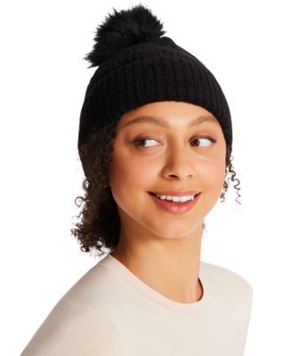 Women's Space-Dyed Beanie With Faux Fur Pom, Created for Macy's