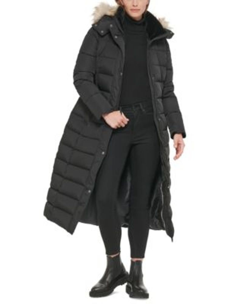 Faux-Fur-Trim Hooded Maxi Puffer Coat