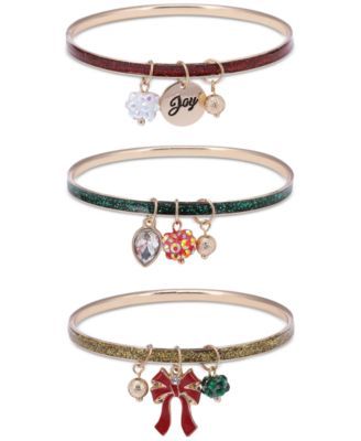 Gold-Tone 3-Pc. Set Garland Charm Glitter Bangle Bracelets, Created for Macy's