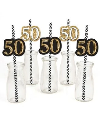 Adult 50th Birthday - Gold - Paper Straw Decor - Striped Decor Straws - 24 Ct