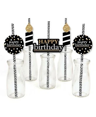 Adult Happy Birthday - Gold - Paper Straw Decor - Striped Decor Straws - 24 Ct