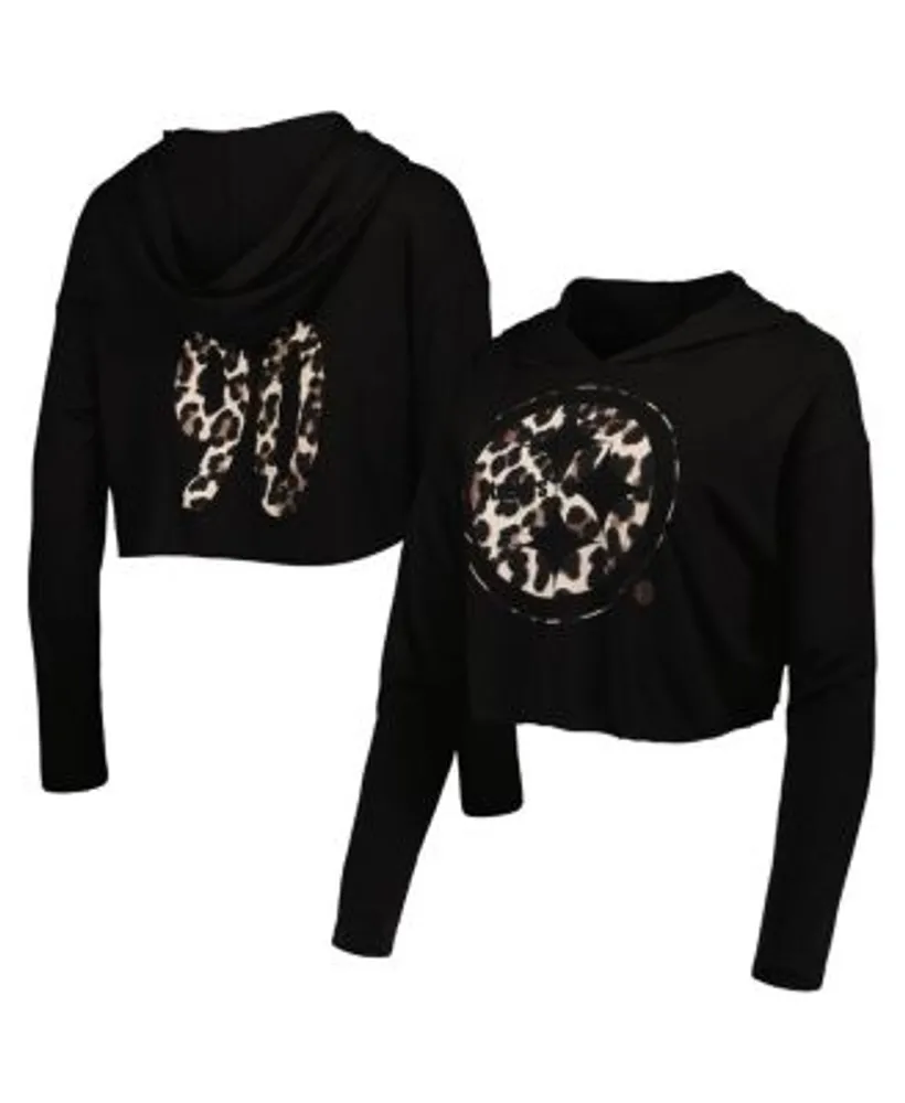 Women's Majestic Threads Black Boston Red Sox Leopard Cropped Hoodie Size: Medium