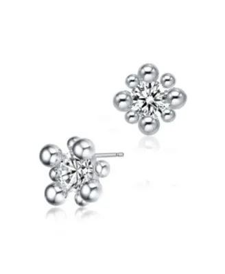 GV  Sterling Silver White Gold Balls with Clear Round Cubic Zirconia Stud Earrings