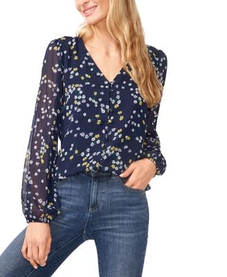 Women's Floral-Print V-Neck Button-Front Blouse