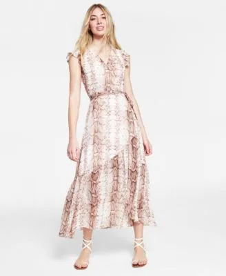 Women's Snake-Print Flutter-Sleeve Wrap Maxi Dress, Created for Macy's