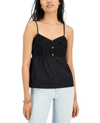 Juniors' V-Neck Eyelet Poplin Tank Top