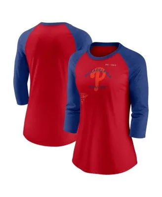 Nike Women's White, Heathered Royal Chicago Cubs Color Split Tri-Blend 3/4  Sleeve Raglan T-shirt