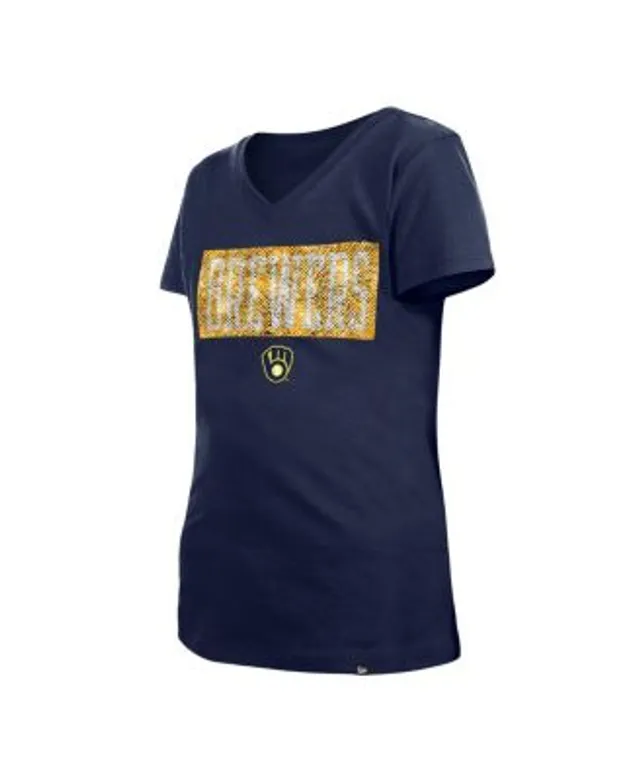 New Era Girls Youth White Milwaukee Brewers Pinstripe V-Neck T